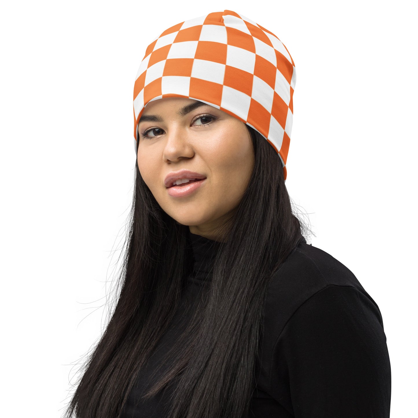 All-Over Print Beanie checker board orange and white