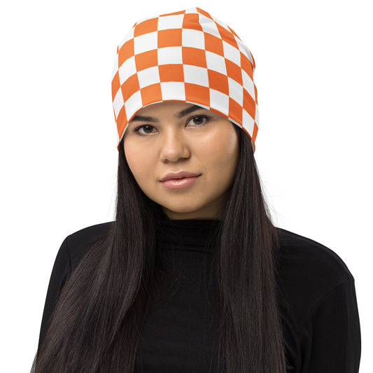 All-Over Print Beanie checker board orange and white