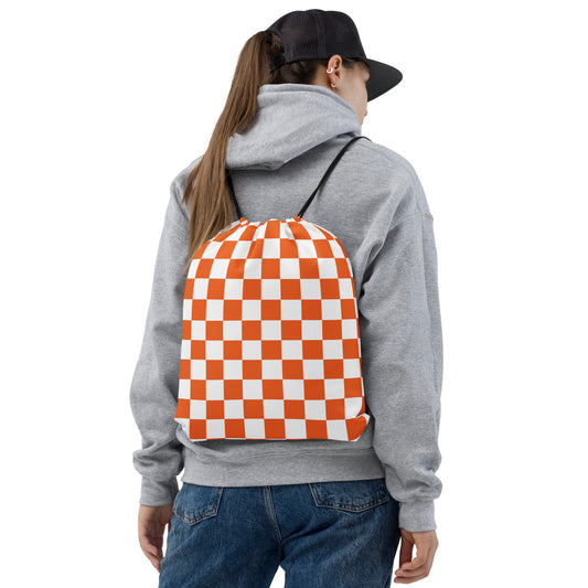 Drawstring bag orange and white checker board