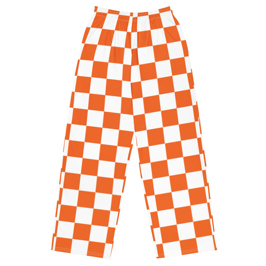 All-over print unisex wide-leg pants orange and white checker board